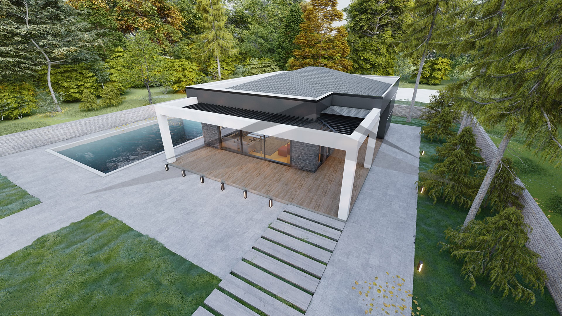 Modern Tarzda Tek Katlı Havuzlu Çelik Villa
